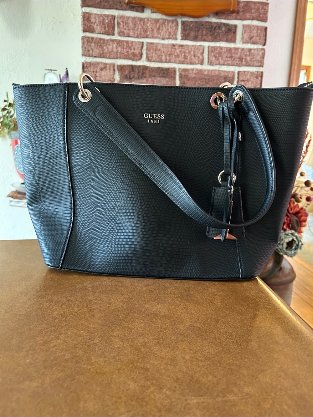 GUESS Black Textured Tote with Gold Hardware